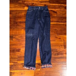 Vintage Lee Flannel Lined Denim Jeans High Waist Dark Wash Plaid USA Made 28x33